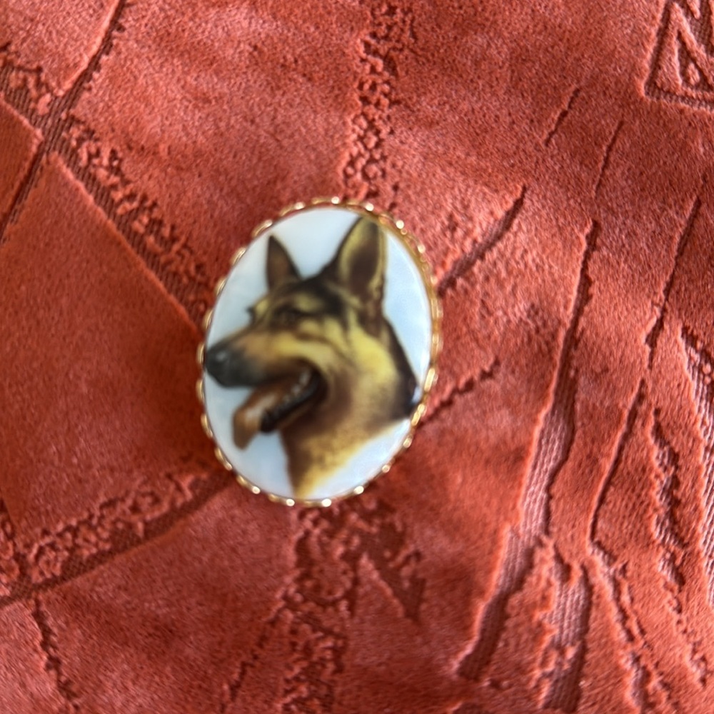 Vintage German Shepherd Dog Brooch porcelain painted with gold scalloped edge.